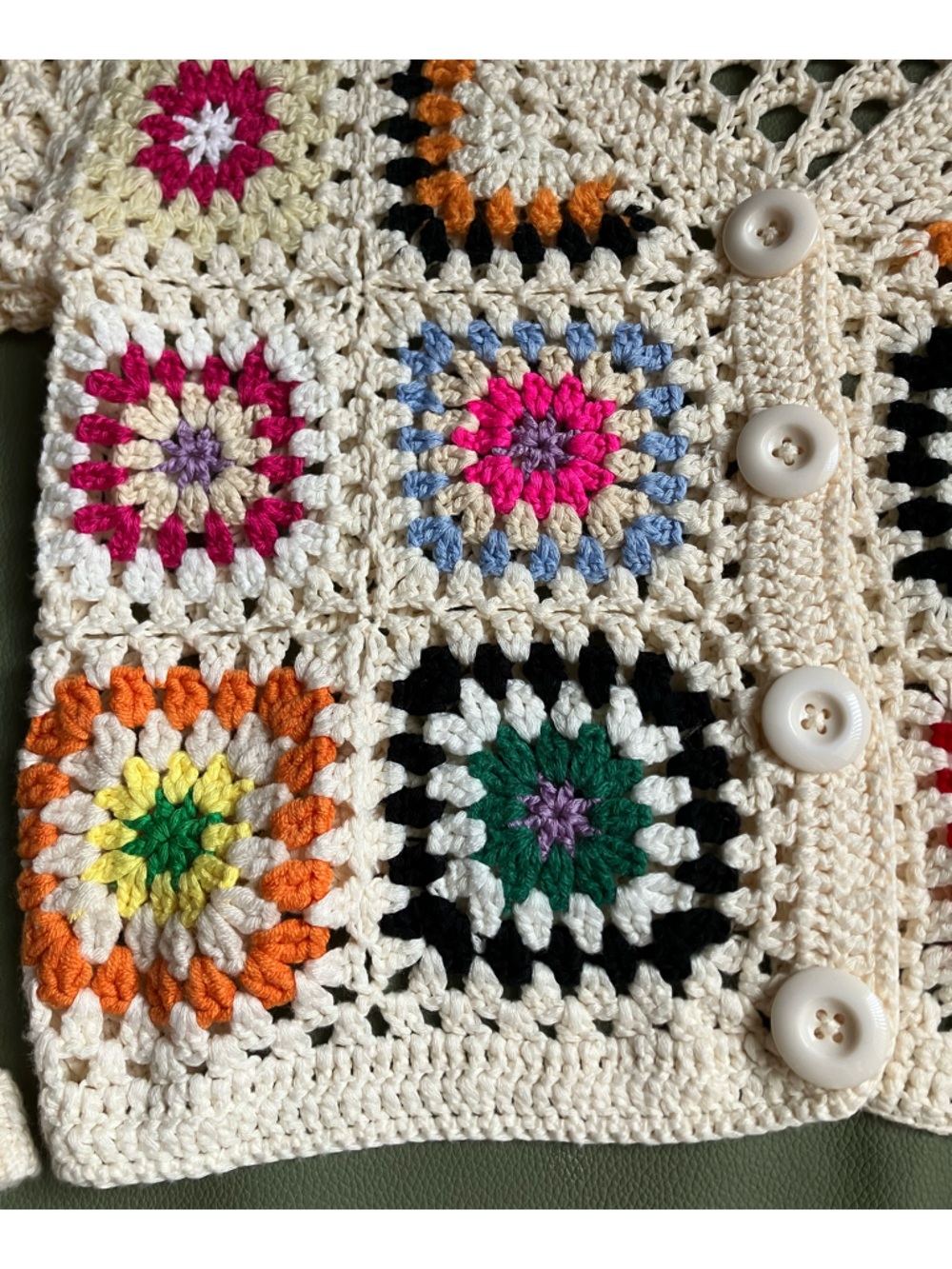 Crochet Granny Square Cropped Cardigan Rainbow Cream Women’s Sweater - Picture 3 of 9